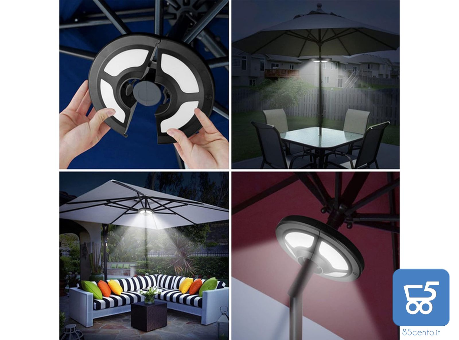 Luce LED a Batteria e USB per Pali Ombrelloni Campeggio Giardino 36 Led 8000 K 5V 1A 120lm o 400 LM, 2 Livelli di Luminosità