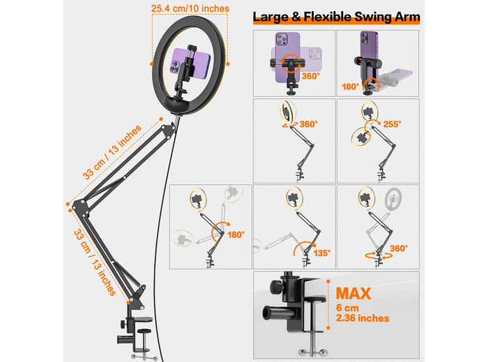Luce ad Anello LED da 10'' con Treppiede per Smartphone 3 Modalità di Colore e 10 Livelli di Luminosità – Ideale per Selfie Trucco TikTok YouTube e Videoconferenze