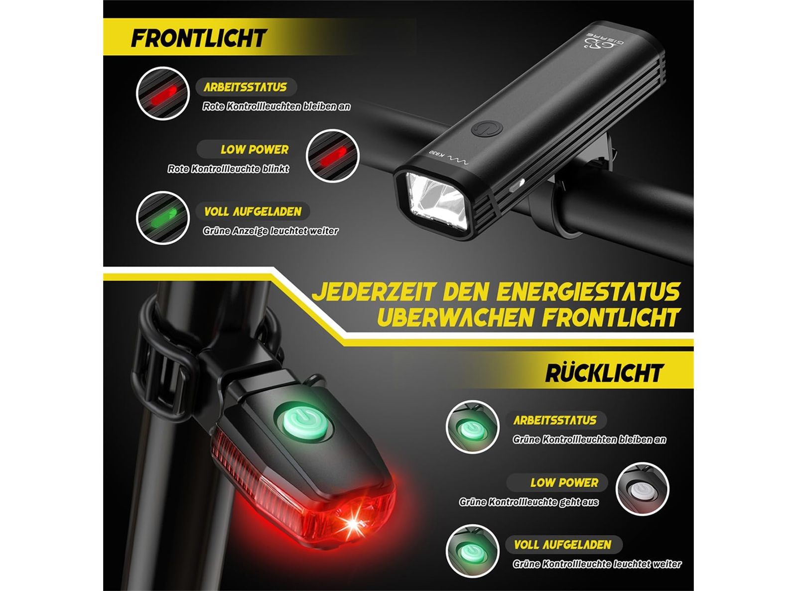 Luci LED per Bicicletta Anteriori e Posteriori Gisaee Impermeabili e Ricaricabili Tramite USB-C IPX5