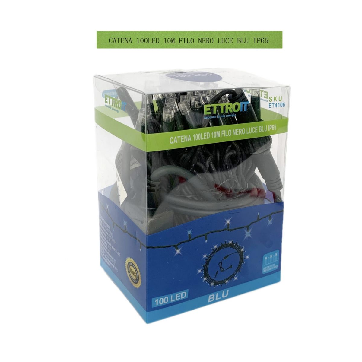 Luci Natale Catena Luminosa 100 LED 10 Metri Filo Nero Luce Blu Flesh Bianco Esterno Raccordabile IP65