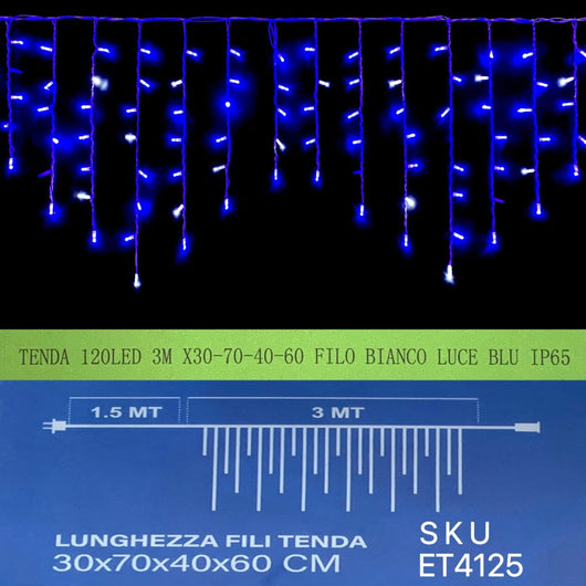 Luci Natale Tenda Luminosa Natalizia 120 LED Blu Flash Bianco 3 Metri  30-70-40-60 Filo Bianco Esterno IP65