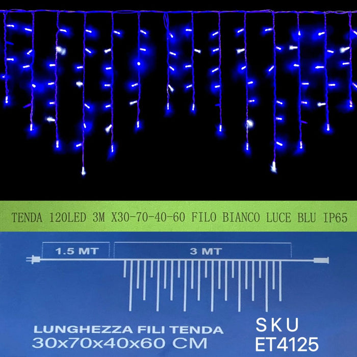 Luci Natale Tenda Luminosa Natalizia 120 LED Blu Flash Bianco 3 Metri  30-70-40-60 Filo Bianco Esterno IP65