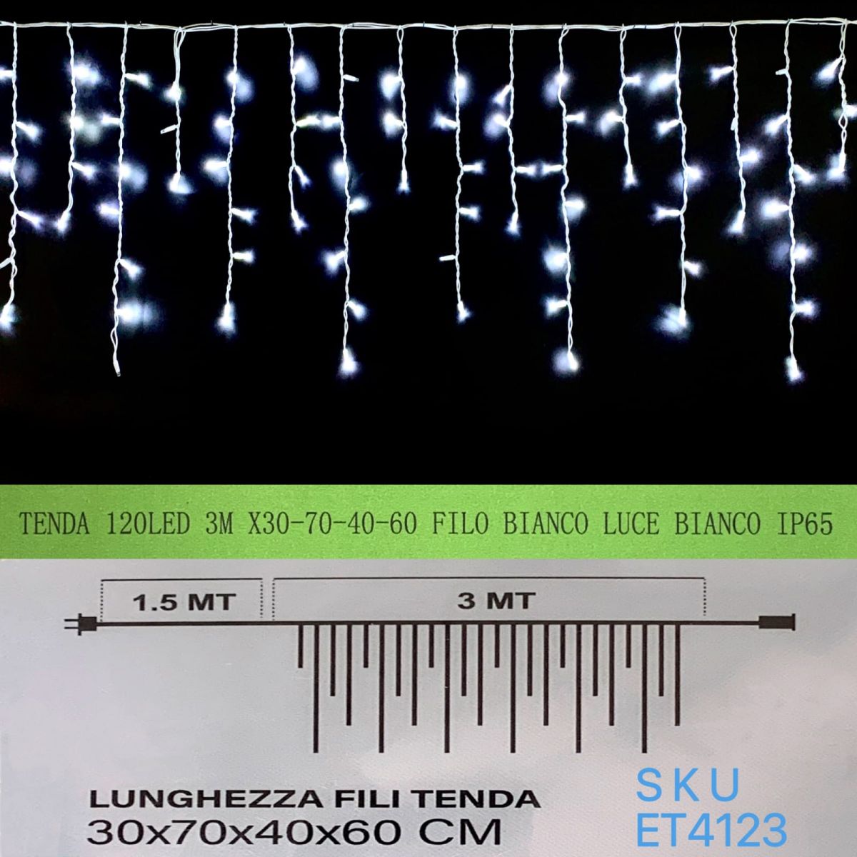 Luci Natale Tenda Natalizia Luminosa 120 LED Reflex 3 Metri  Filo Bianco Luce Bianco IP65 raccordabile IP65 ET4123