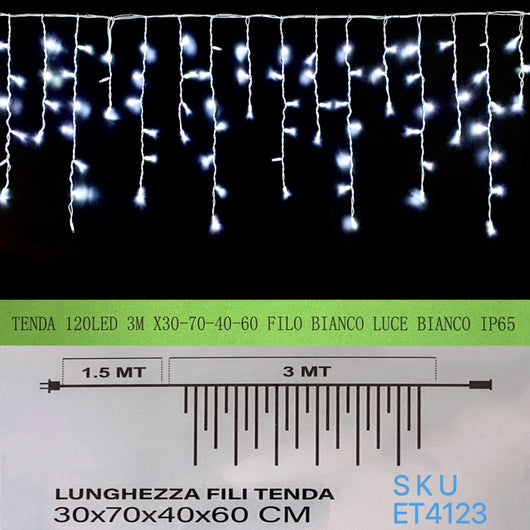 Luci Natale Tenda Natalizia Luminosa 120 LED Reflex 3 Metri  Filo Bianco Luce Bianco IP65 raccordabile IP65 ET4123