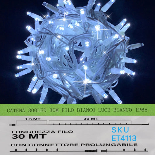 Luci Natalizie Catenaria  300 LED 30 Metri  Filo Bianco Luce Bianco Ghiaccio Esterno Raccordabile  IP65