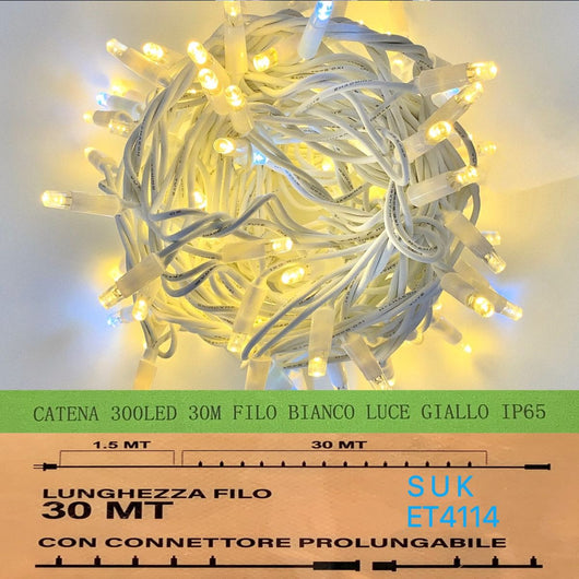 Luci Natalizie Catenaria  300 LED 30 Metri  Filo Bianco Luce Gialla Calda Flash Bianco Esterno Raccordabile  IP65