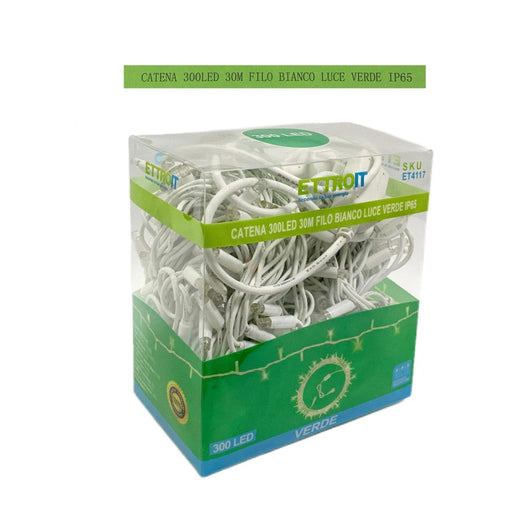Luci Natalizie Catenaria  300 LED 30 Metri  Filo Bianco Luce Verde Esterno Raccordabile  IP65