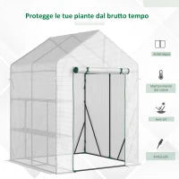 Serra da Giardino per Esterni in Acciaio e PE con 2 Scaffali e Porta Avvolgibile, 143x143x195 cm, Bianco