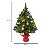 Piccolo Albero di Natale 60cm con 15 Luci a LED e Decorazioni
