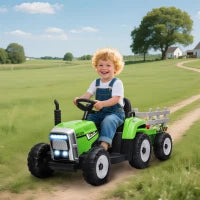 Trattore Elettrico per Bambini 3-6 Anni con Rimorchio Rimovibile, Batteria 12V e Telecomando, Verde