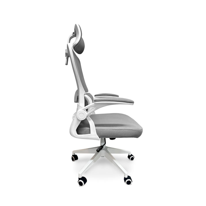 Lyn - Sedia da uffico ergonomica ad altezza regolabile, dotata di poggiatesta, imbottitura lombare e ruote girevoli - colore bianco e grigio