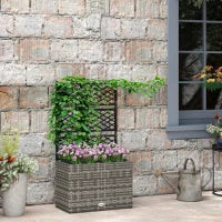 Fioriera con Grigliato per Rampicanti con 2 Vasi in Acciaio e Rattan PE, 57x30x107cm, Grigio