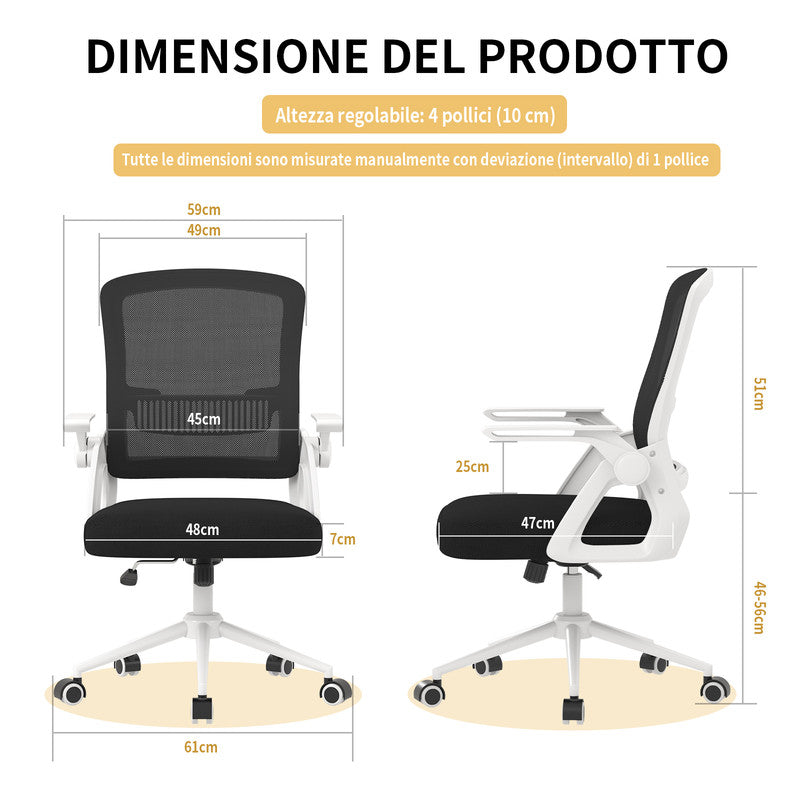 Sedia Ufficio Ergonomica - RATTANTREE - Con Braccioli Pieghevoli, Rete Respirante, Funzione Oscillante 90-105° - Bianco