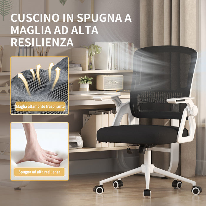 Sedia Ufficio Ergonomica - RATTANTREE - Con Braccioli Pieghevoli, Rete Respirante, Funzione Oscillante 90-105° - Bianco