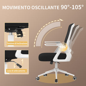 Sedia Ufficio Ergonomica - RATTANTREE - Con Braccioli Pieghevoli, Rete Respirante, Funzione Oscillante 90-105° - Bianco
