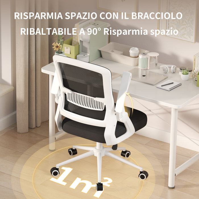 Sedia Ufficio Ergonomica - RATTANTREE - Con Braccioli Pieghevoli, Rete Respirante, Funzione Oscillante 90-105° - Bianco