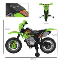 Moto Elettrica per Bambini 3 anni e Più, Moto Cross Elettrica con Rotelle, Batteria 6V Velocità 2.5km/h, 102 x 53 x 66cm, Verde