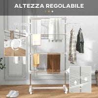 Stendino Verticale Pieghevole in Acciaio e Plastica con 6 Ruote e 4 Ripiani Regolabili, 142x55x172 cm