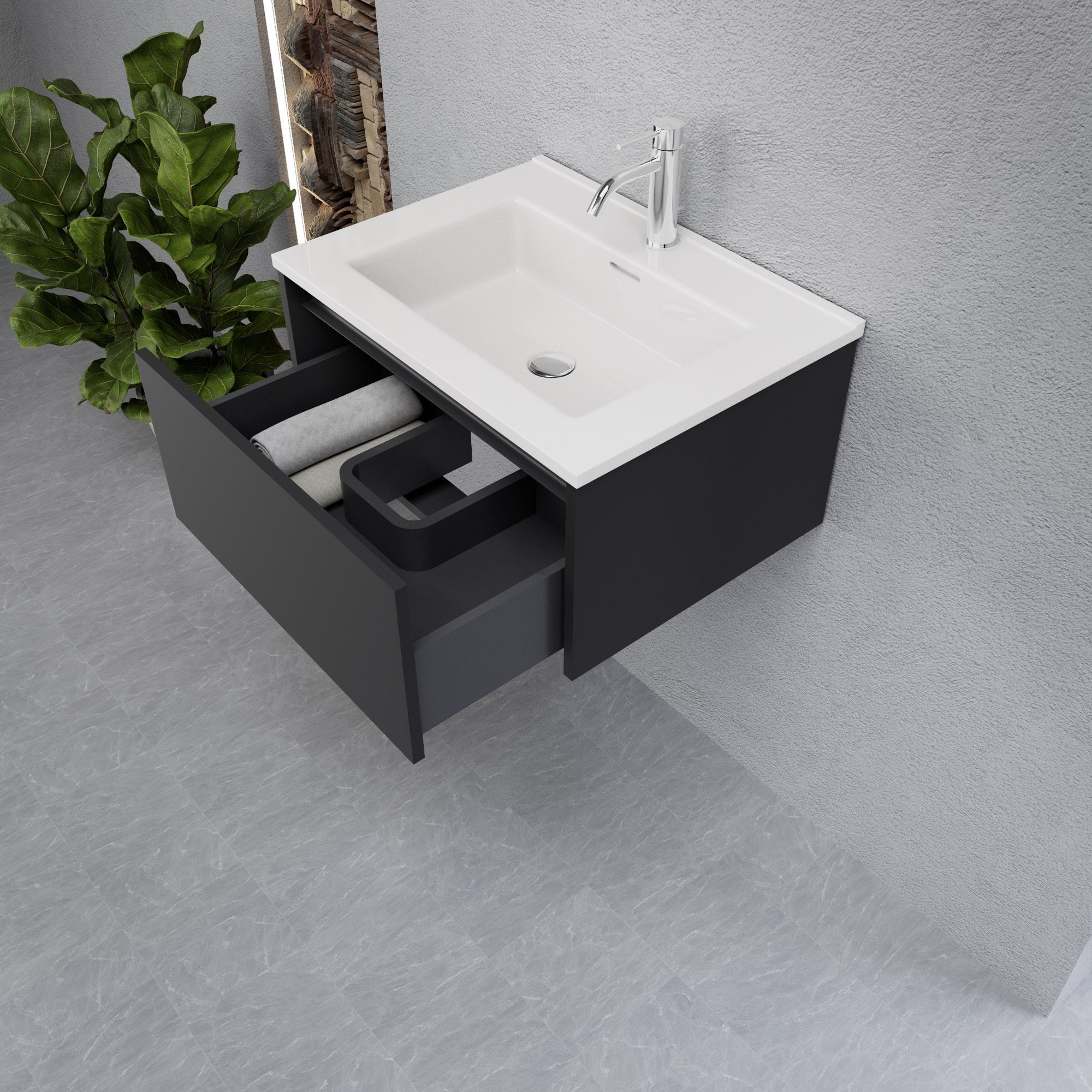 Inda - Mobile bagno L.60 con lavabo lucido / Nero opaco 1 cassetto - Smeraldo