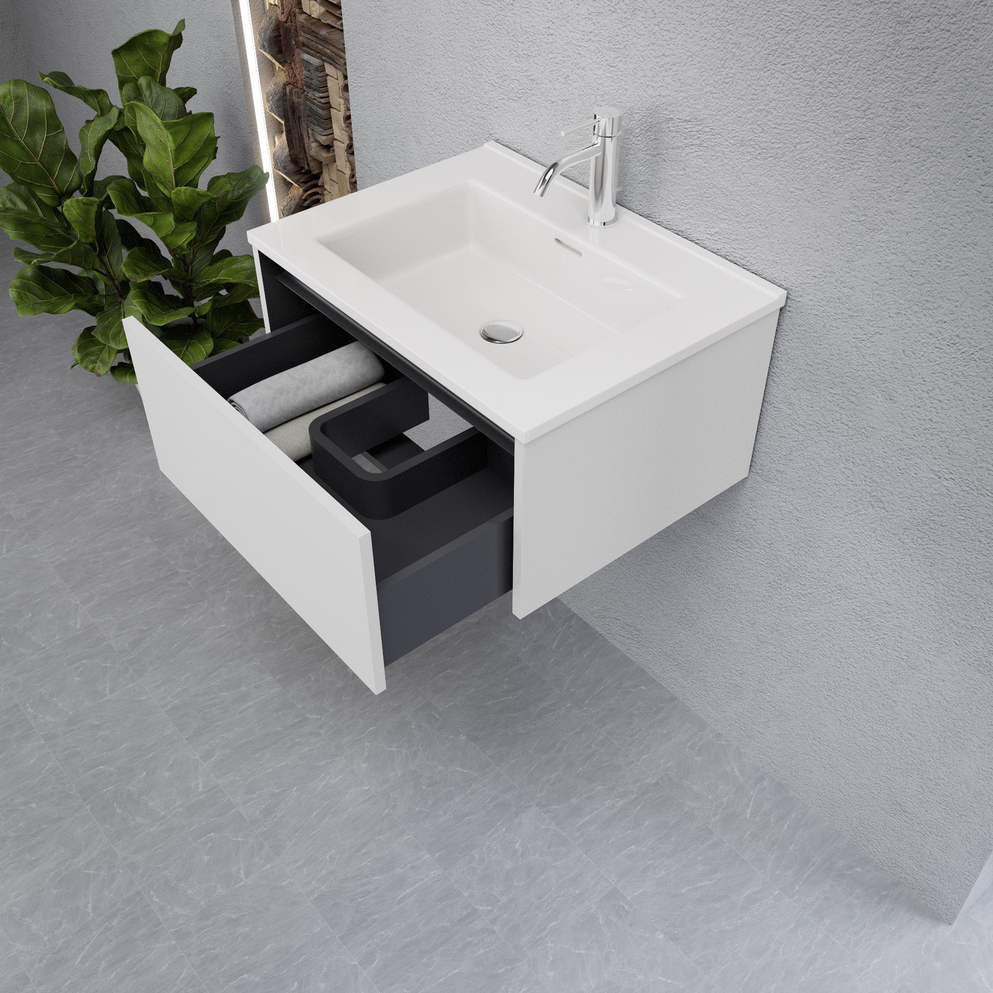 Inda - Mobile bagno L.60 con lavabo lucido / Bianco lucido 1 cassetto - Smeraldo