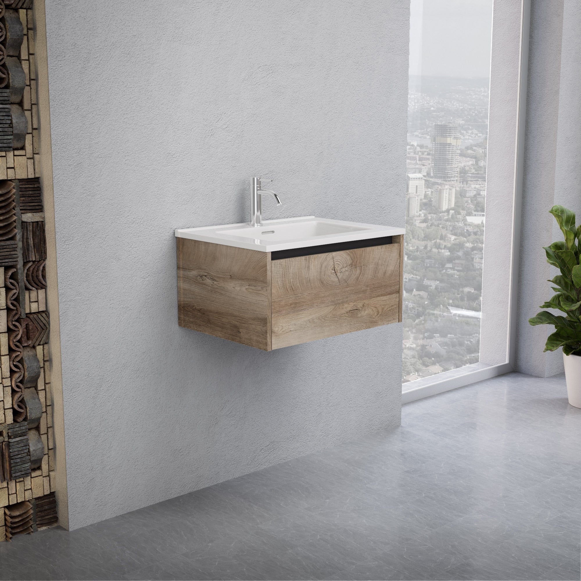 Inda - Mobile bagno L.60 con lavabo lucido / Rovere naturale 1 cassetto - Smeraldo