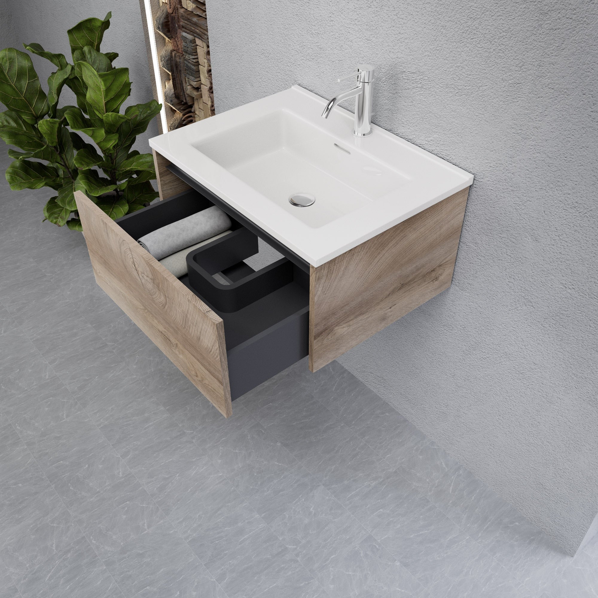 Inda - Mobile bagno L.60 con lavabo lucido / Rovere naturale 1 cassetto - Smeraldo