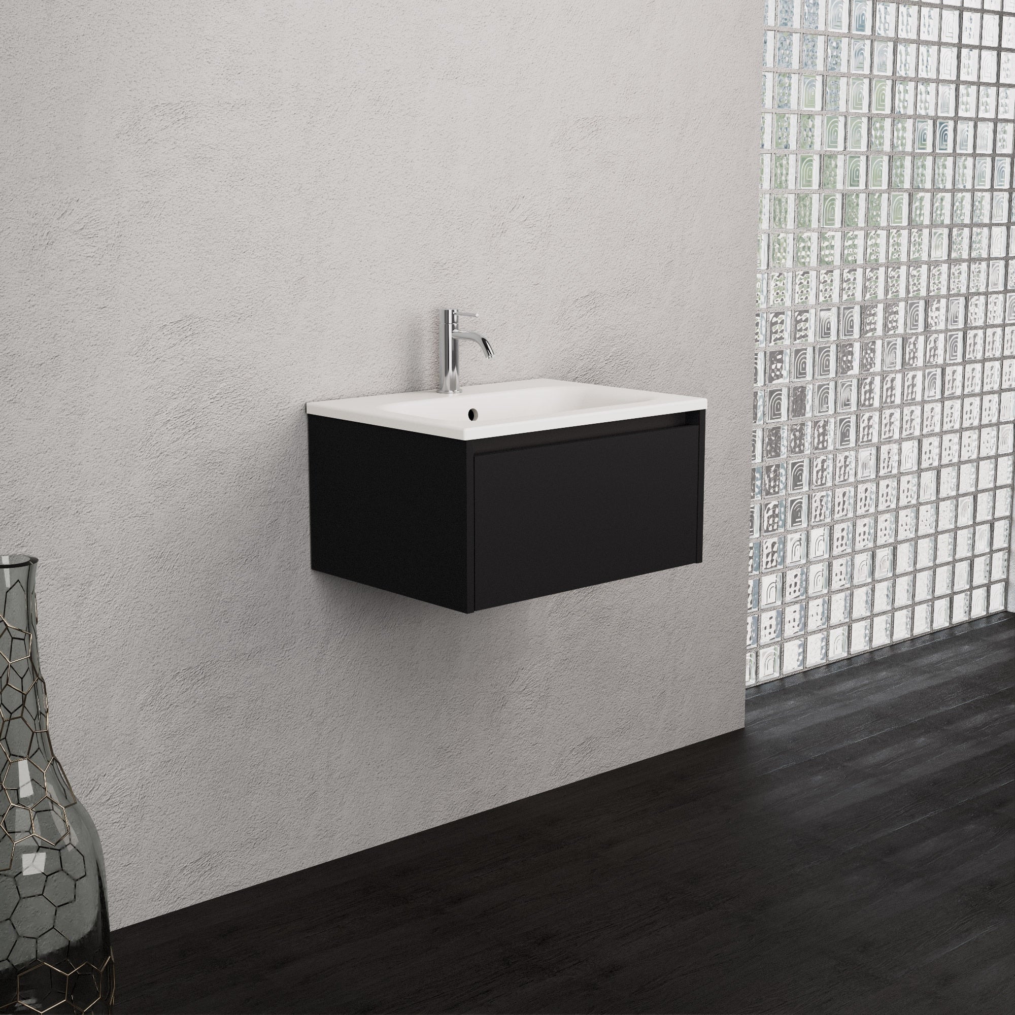 Inda - Mobile bagno L.60 con lavabo opaco / Nero opaco 1 cassetto - Smeraldo