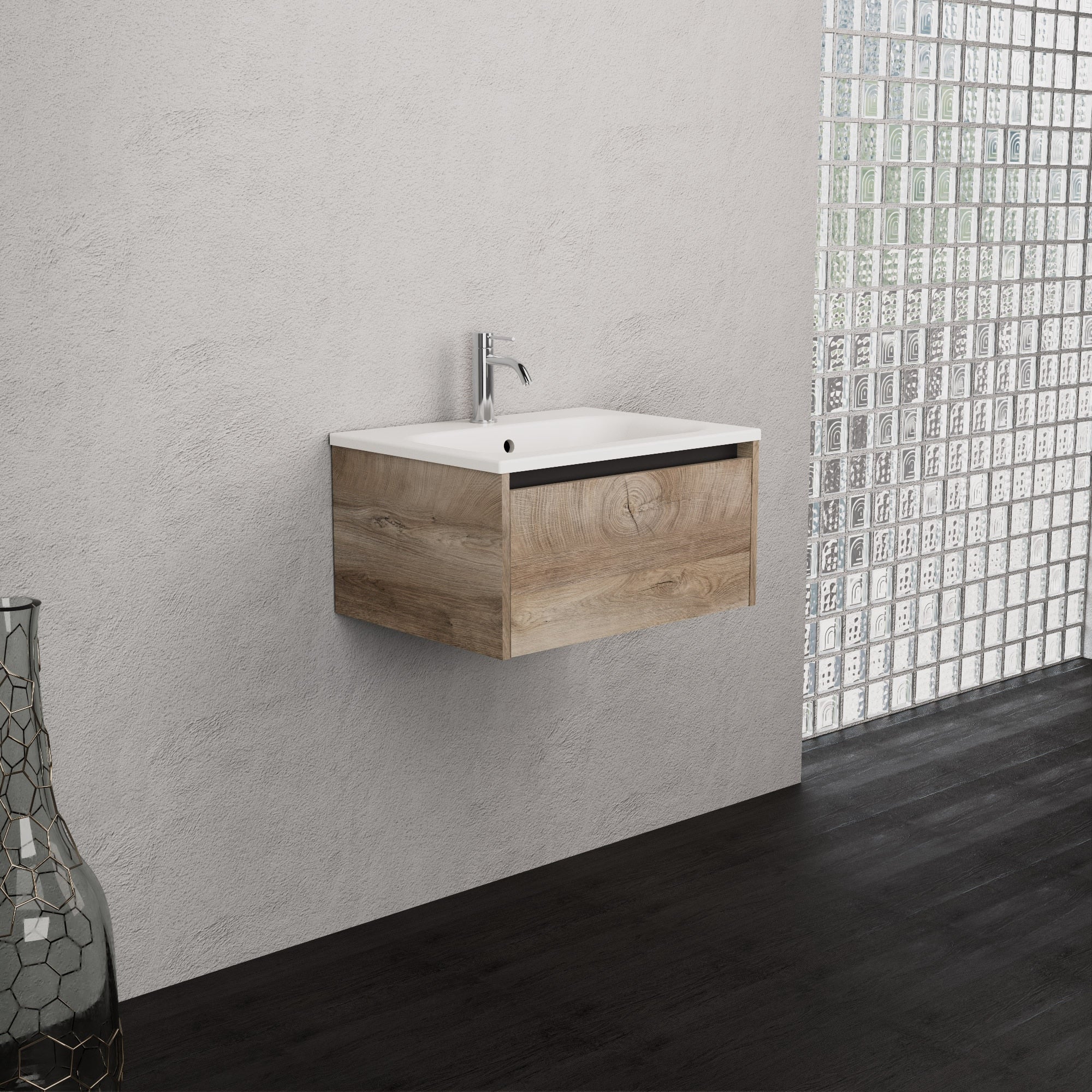 Inda - Mobile bagno L.60 con lavabo opaco / Rovere naturale 1 cassetto - Smeraldo