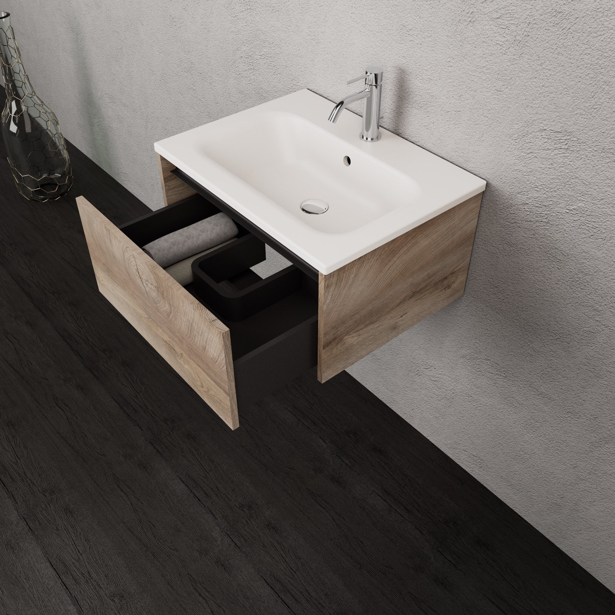 Inda - Mobile bagno L.60 con lavabo opaco / Rovere naturale 1 cassetto - Smeraldo