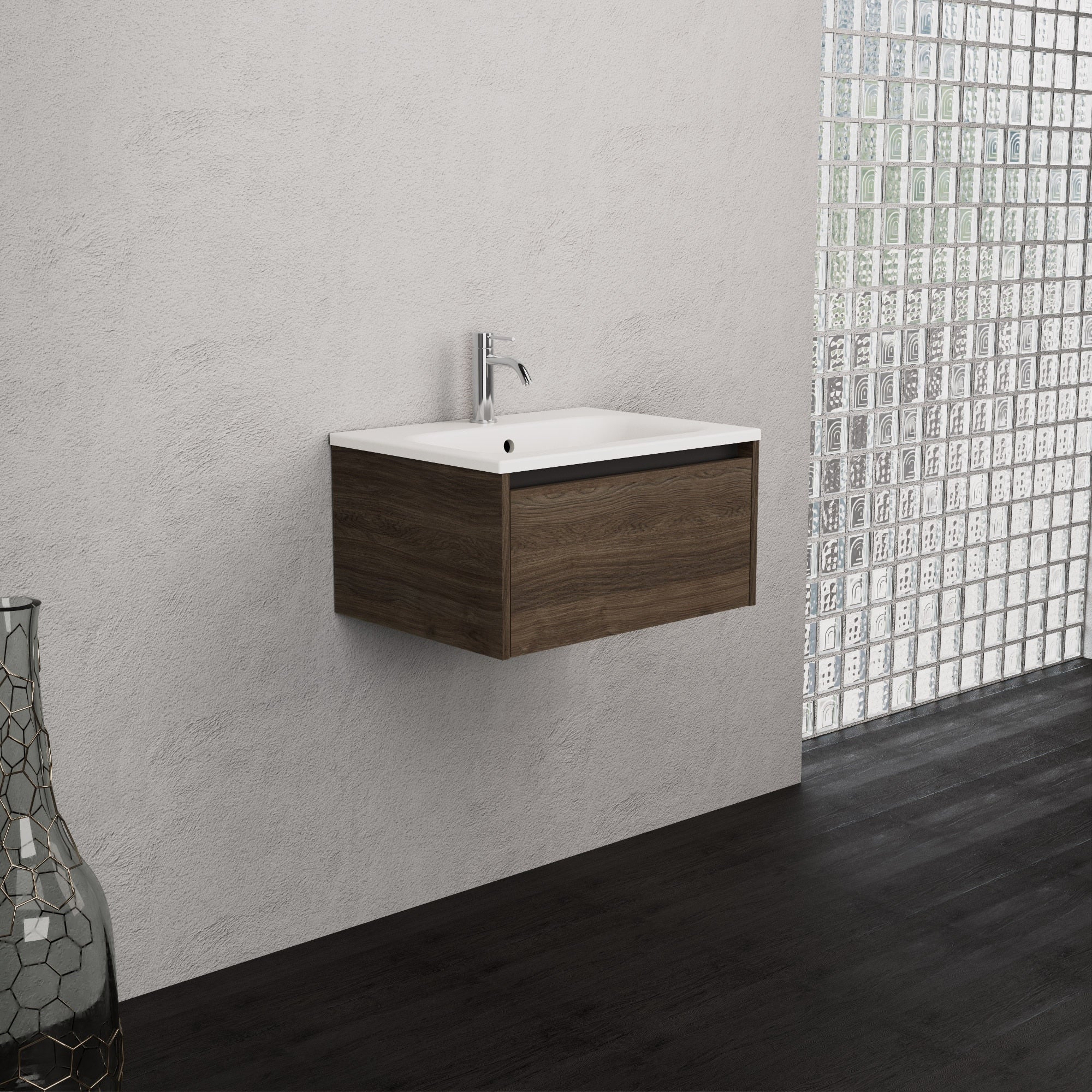 Inda - Mobile bagno L.60 con lavabo opaco / Rovere castano 1 cassetto - Smeraldo