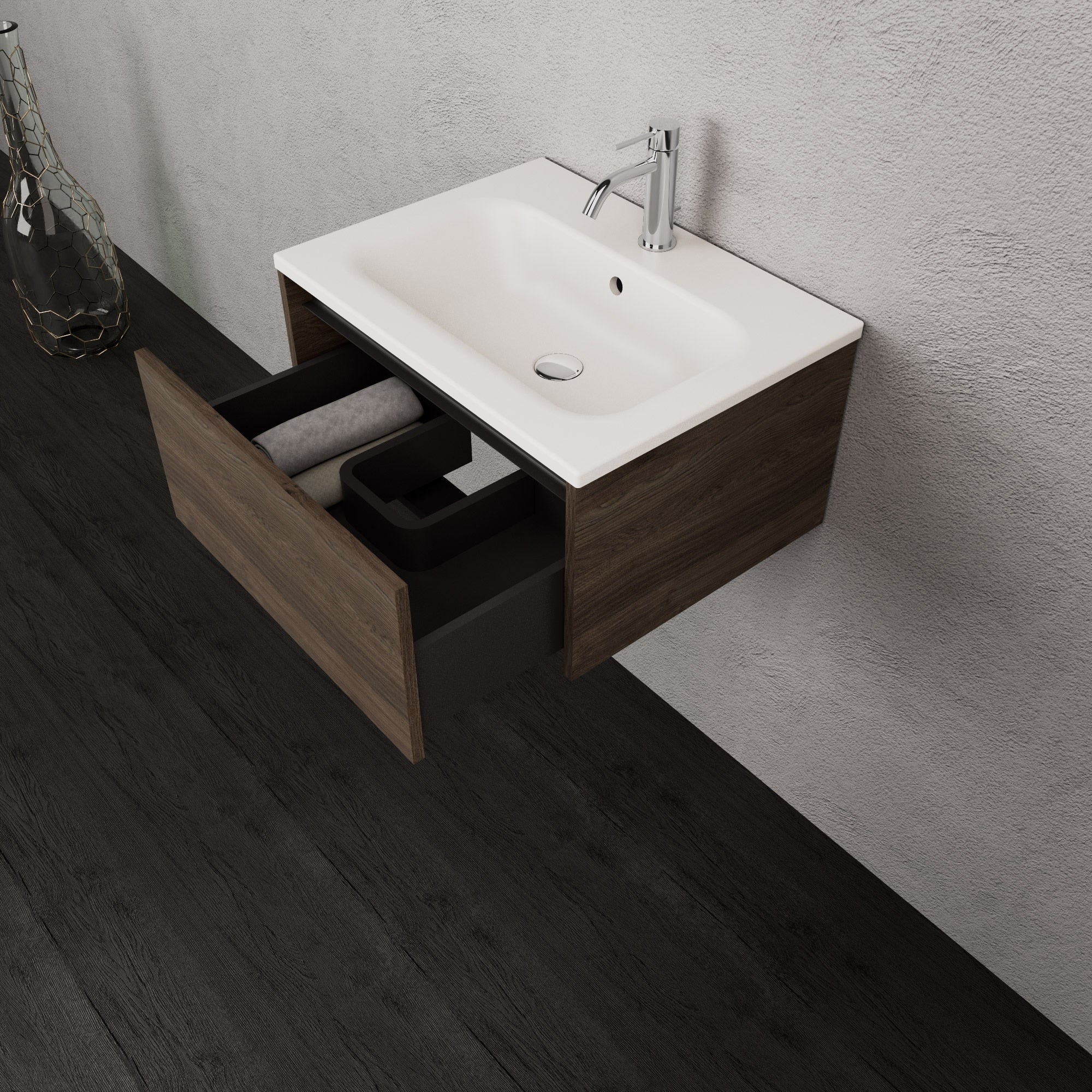Inda - Mobile bagno L.60 con lavabo opaco / Rovere castano 1 cassetto - Smeraldo