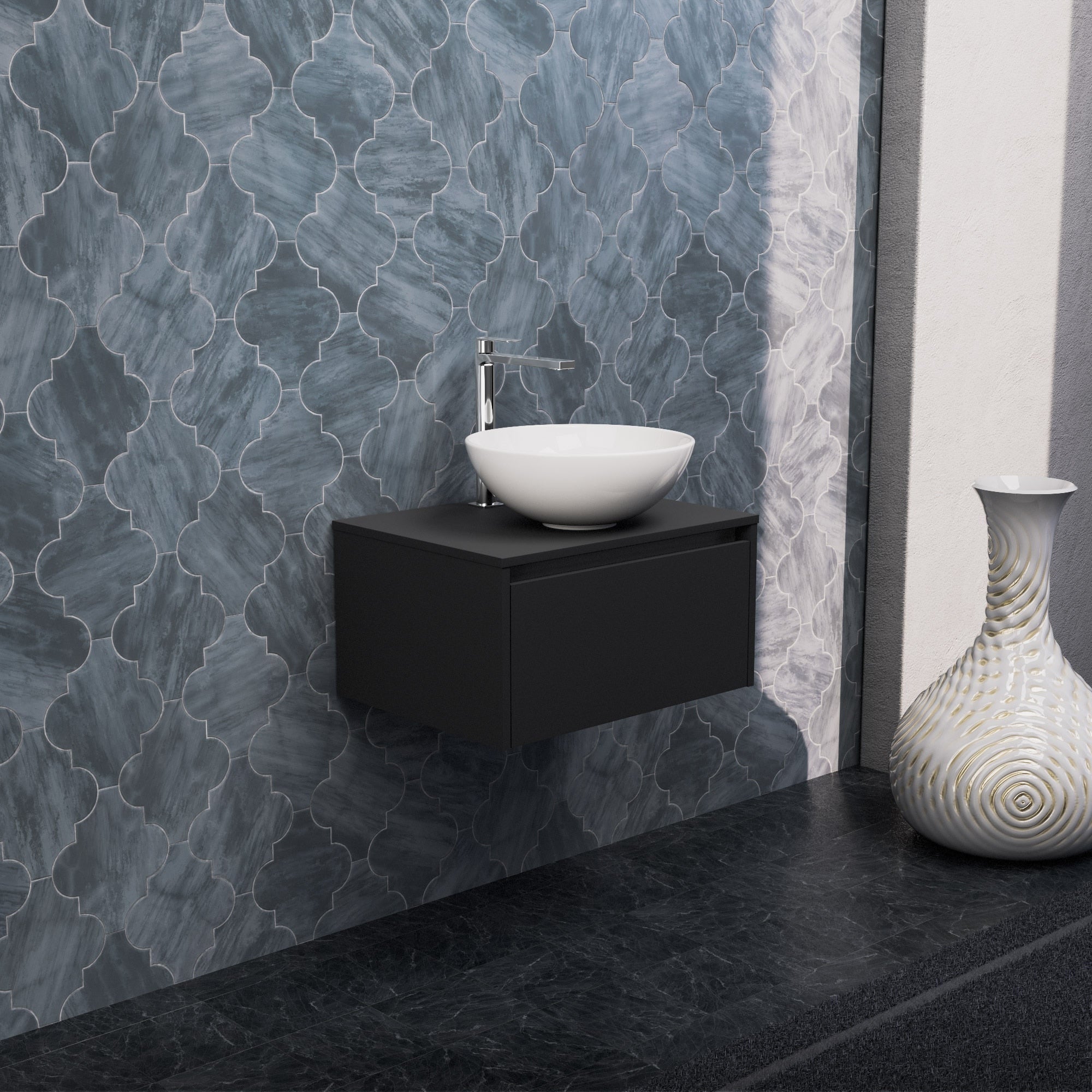 Inda - Mobile bagno L.60 con lavabo in appoggio / Nero opaco 1 cassetto - Smeraldo