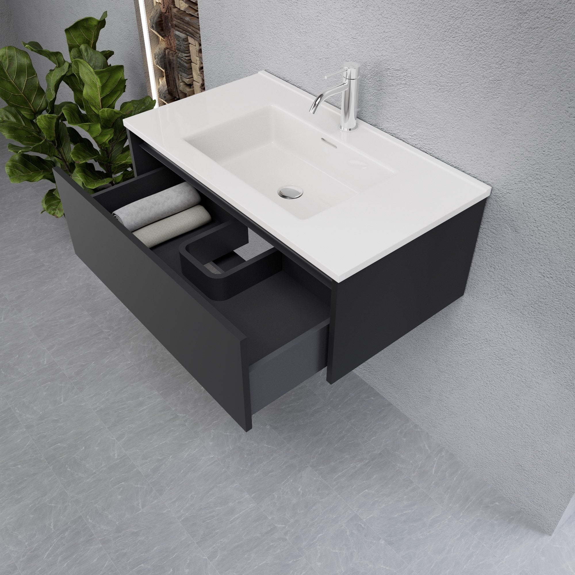 Inda - Mobile bagno L.80 con lavabo lucido / Nero opaco 1 cassetto - Smeraldo