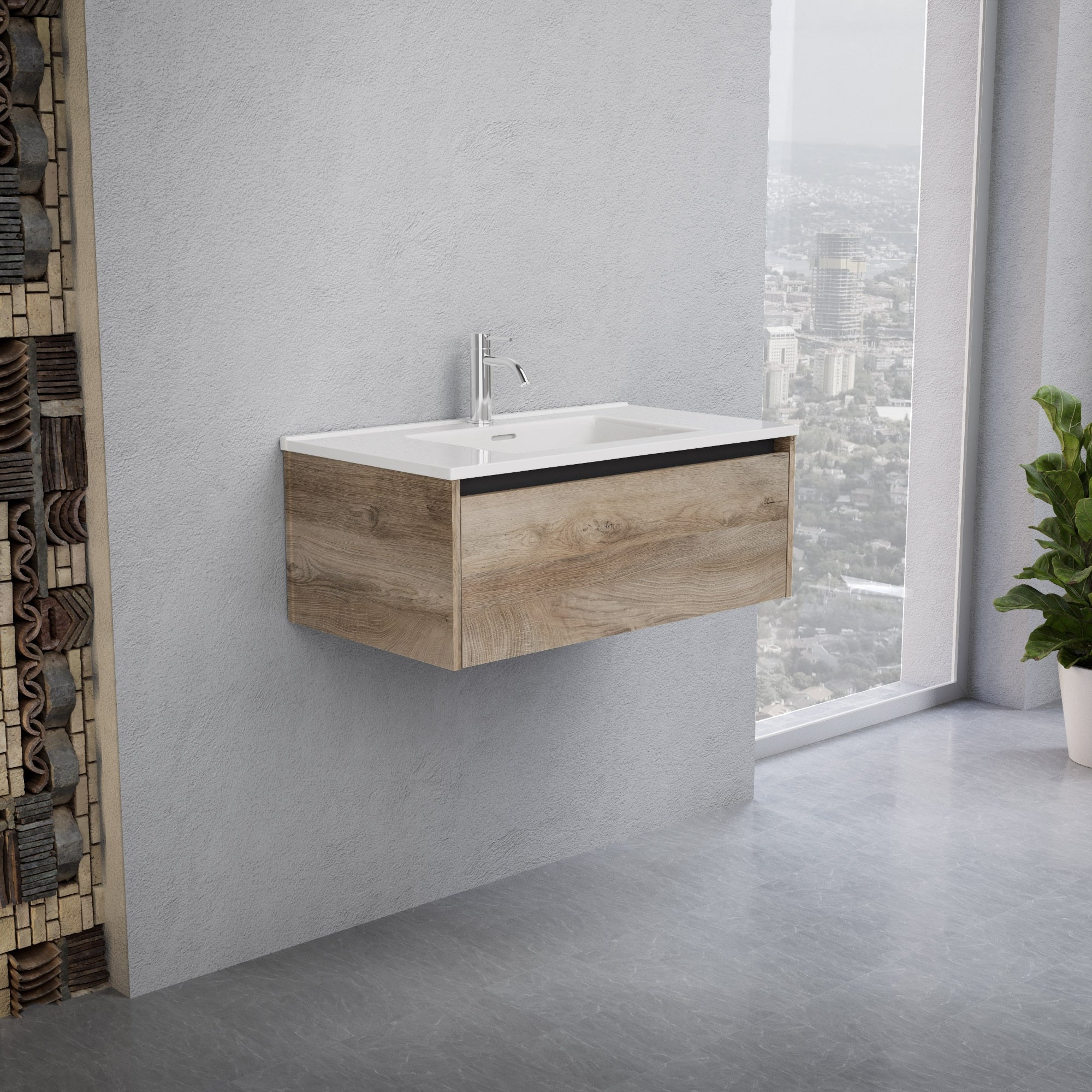 Inda - Mobile bagno L.80 con lavabo lucido / Rovere naturale 1 cassetto - Smeraldo