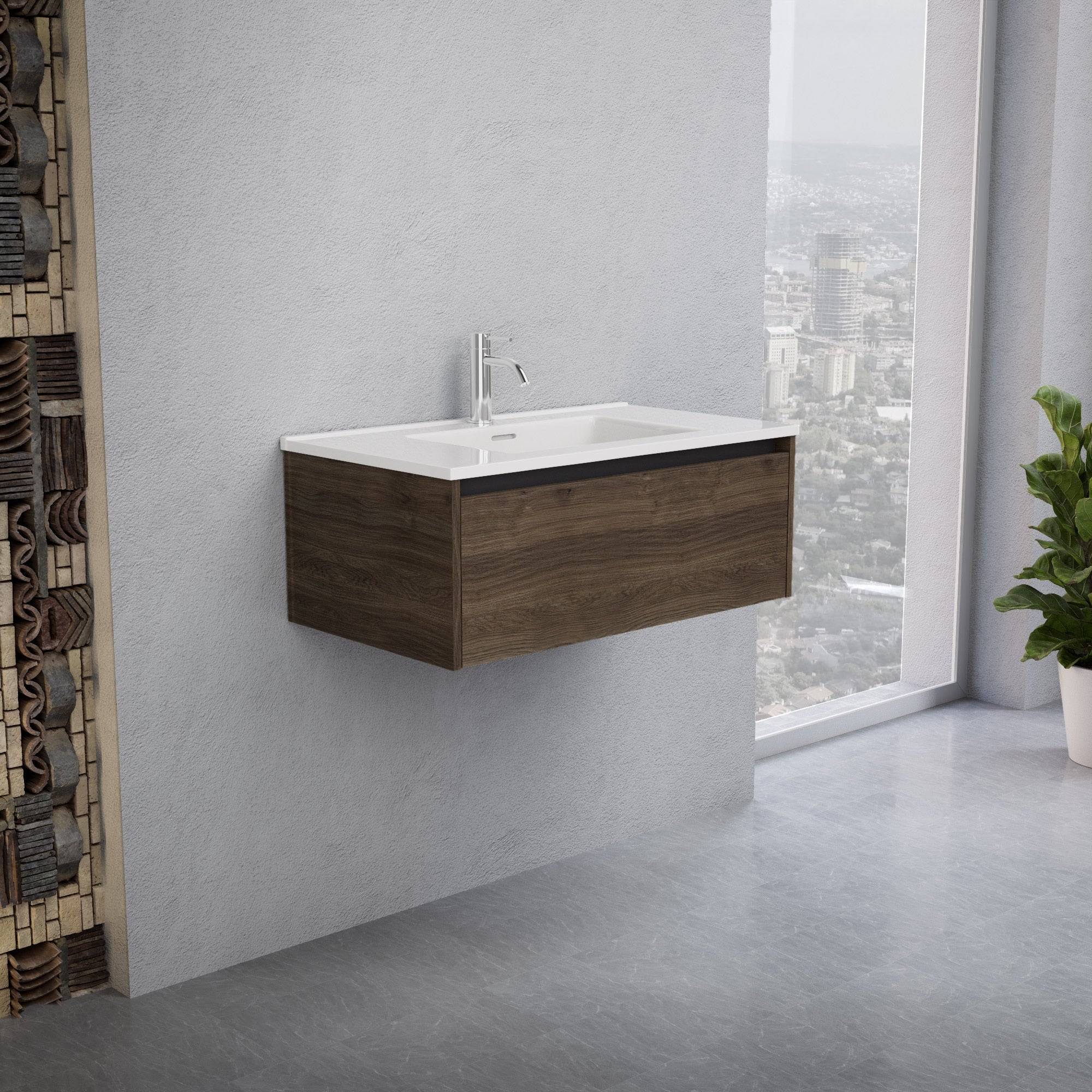 Inda - Mobile bagno L.80 con lavabo lucido / Rovere castano 1 cassetto - Smeraldo