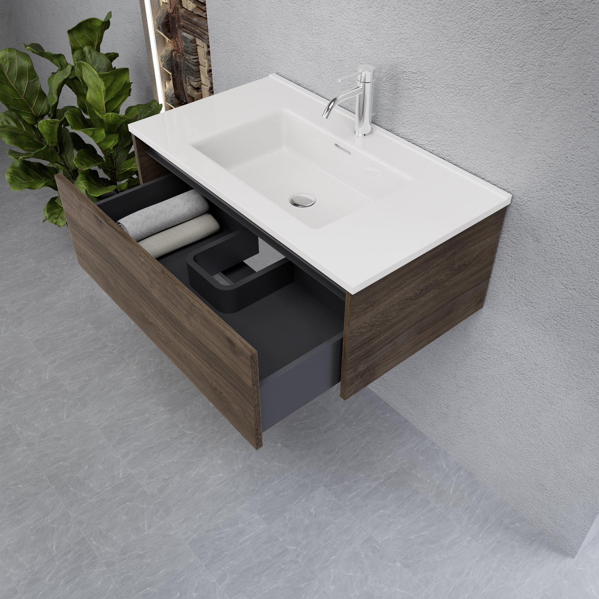 Inda - Mobile bagno L.80 con lavabo lucido / Rovere castano 1 cassetto - Smeraldo