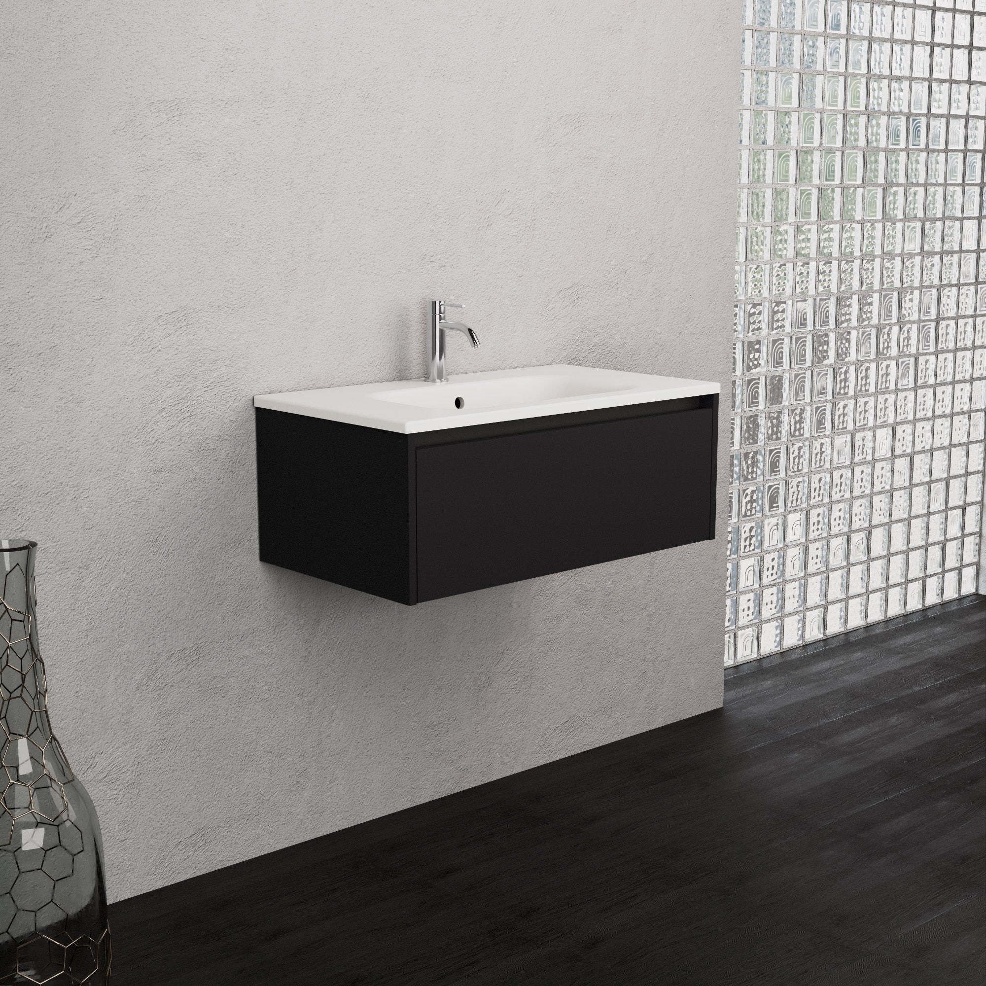 Inda - Mobile bagno L.80 con lavabo opaco / Nero opaco 1 cassetto - Smeraldo