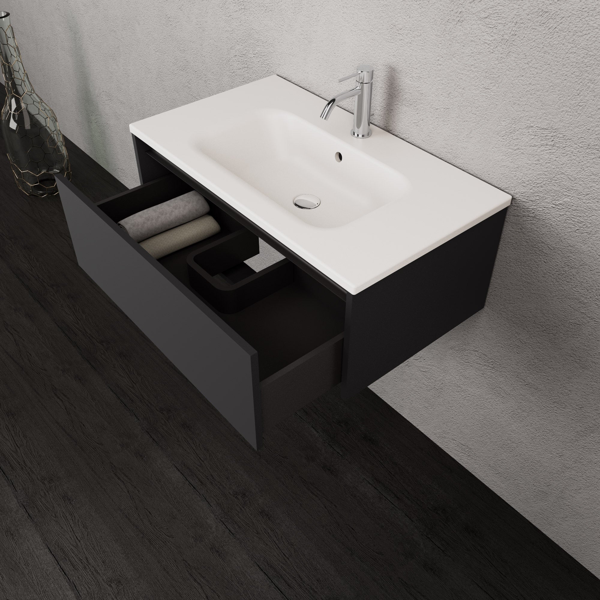 Inda - Mobile bagno L.80 con lavabo opaco / Nero opaco 1 cassetto - Smeraldo