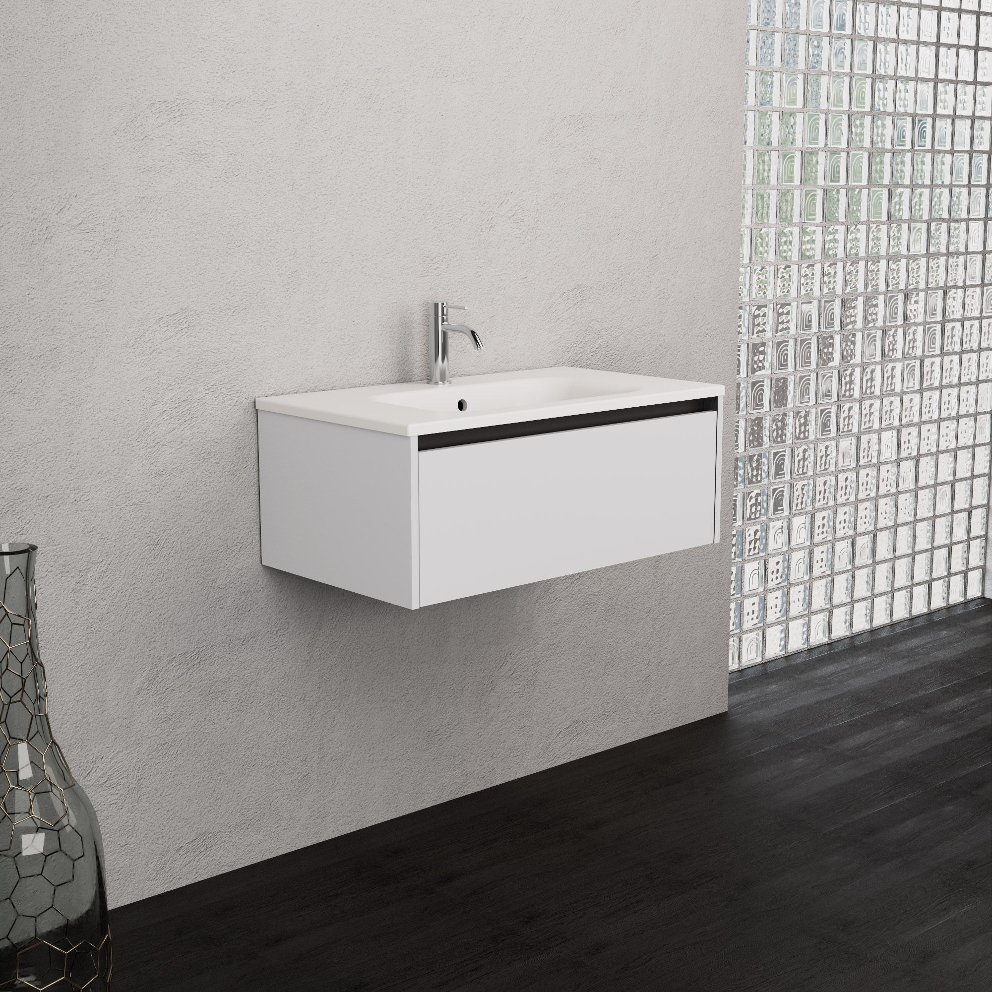 Inda - Mobile bagno L.80 con lavabo opaco / Bianco lucido 1 cassetto - Smeraldo