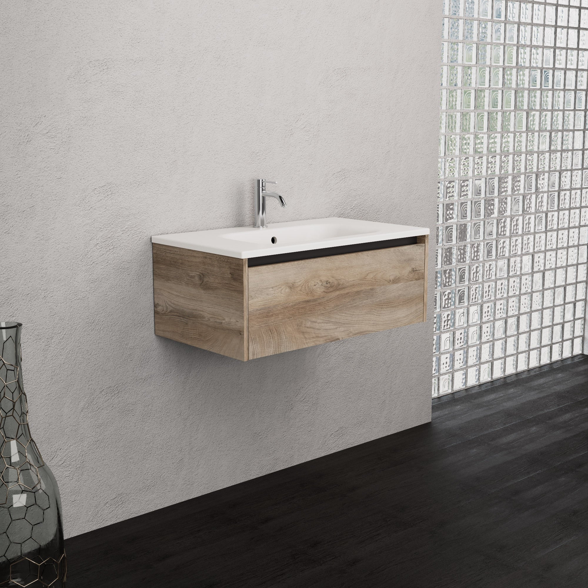 Inda - Mobile bagno L.80 con lavabo opaco / Rovere naturale 1 cassetto - Smeraldo