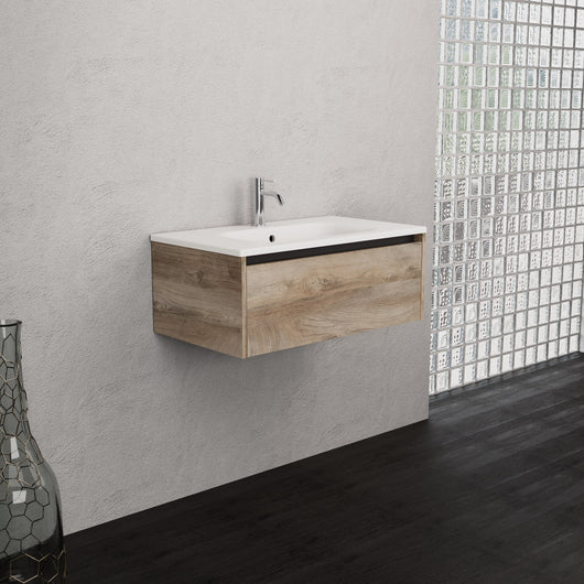 Inda - Mobile bagno L.80 con lavabo opaco / Rovere naturale 1 cassetto - Smeraldo