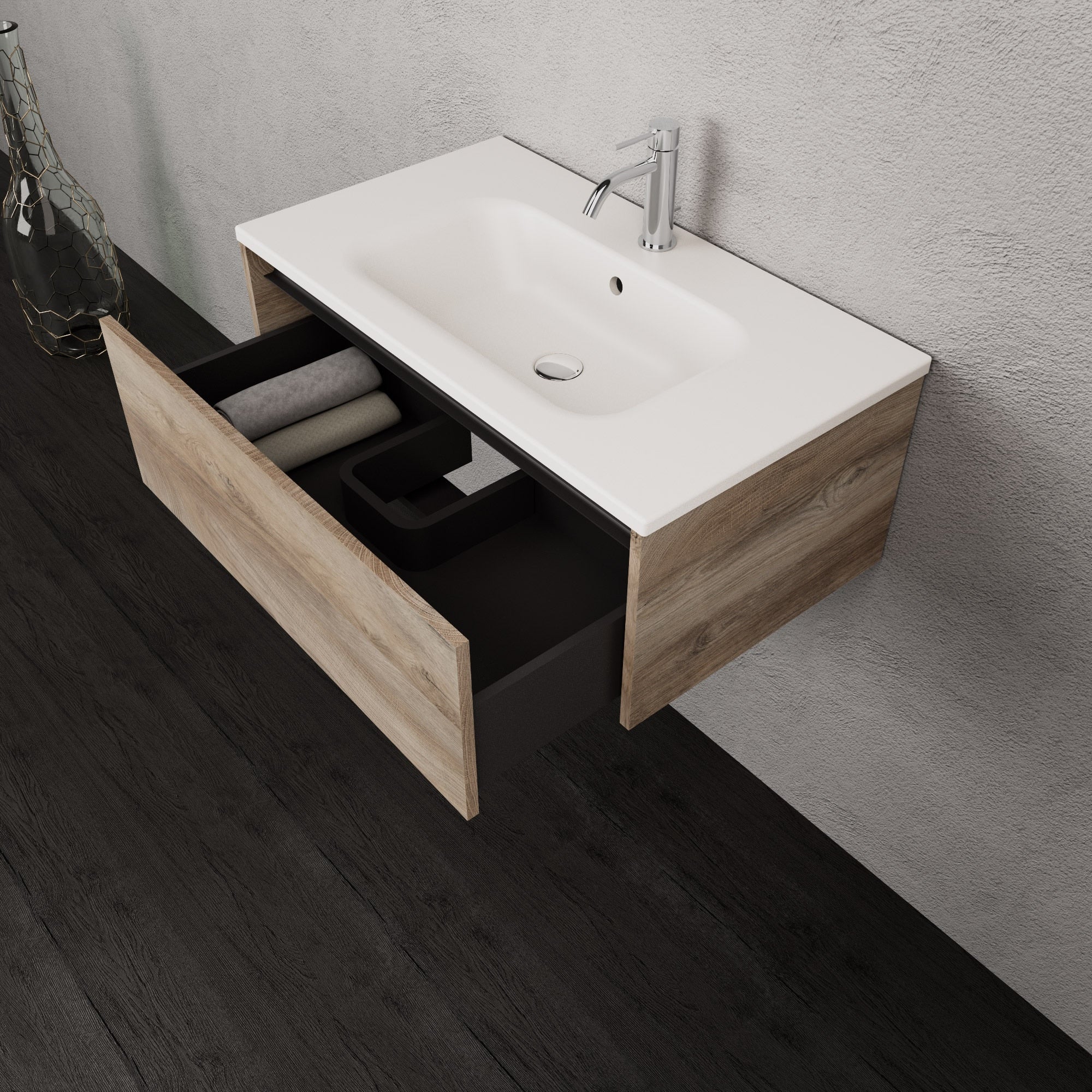 Inda - Mobile bagno L.80 con lavabo opaco / Rovere naturale 1 cassetto - Smeraldo