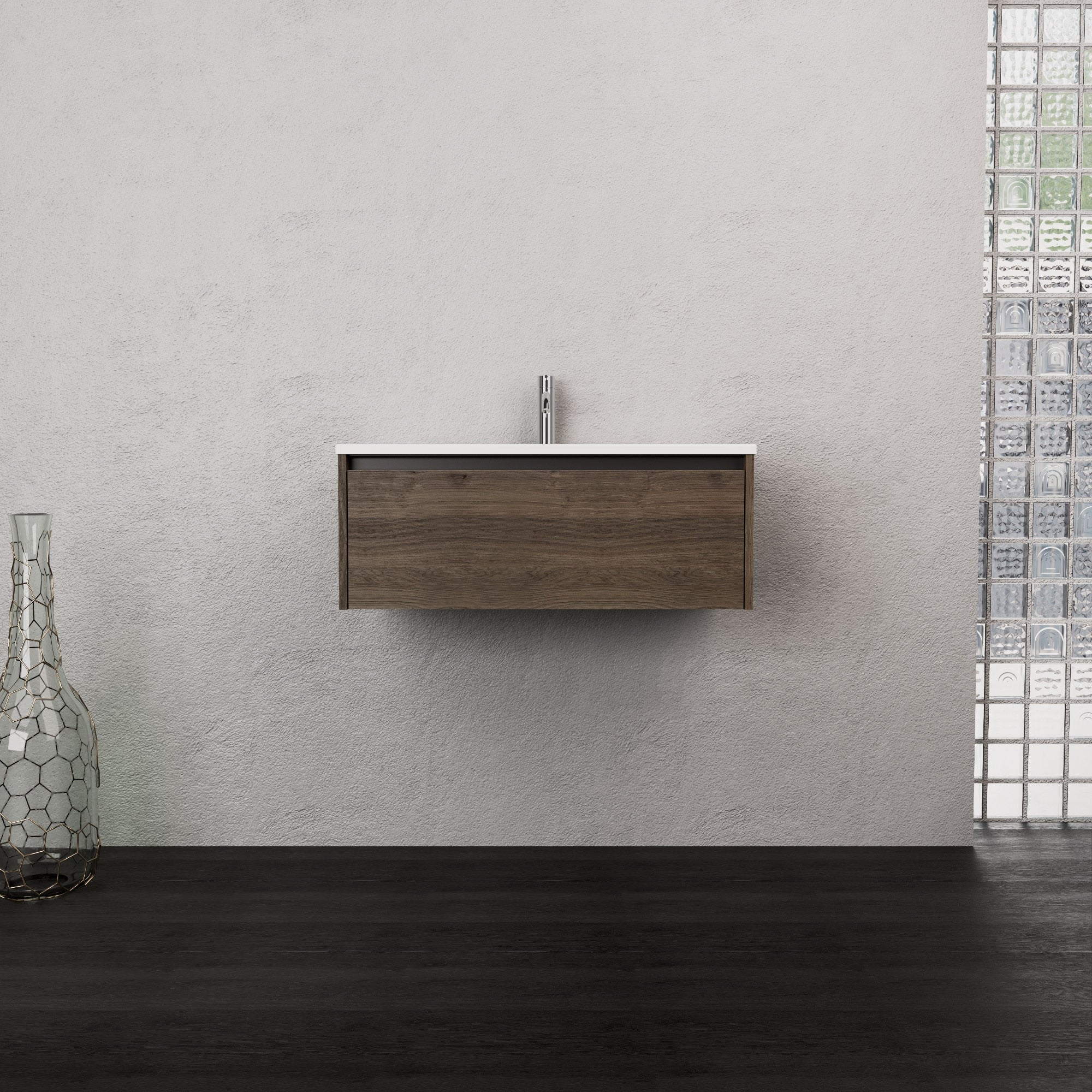 Inda - Mobile bagno L.80 con lavabo opaco / Rovere castano 1 cassetto - Smeraldo