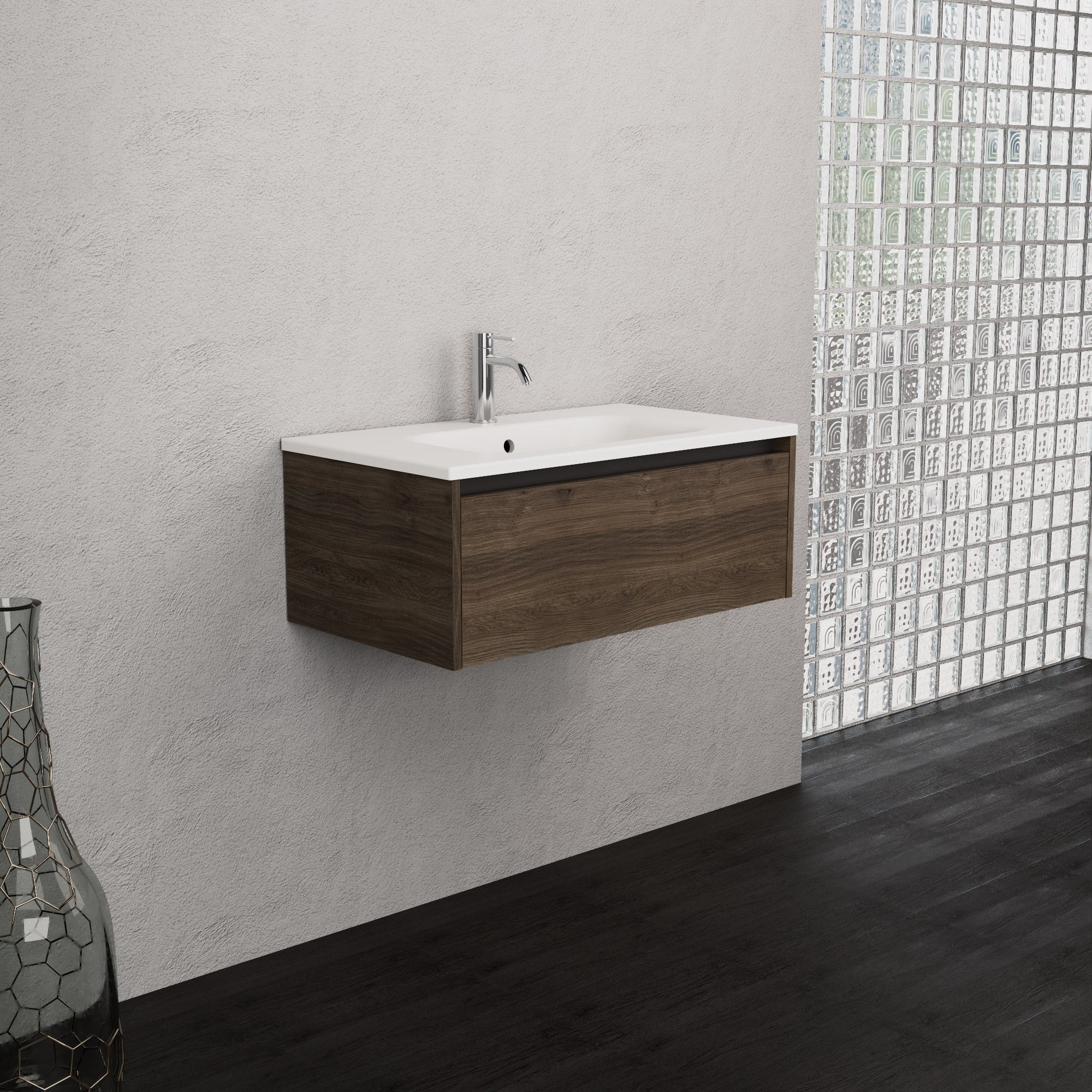 Inda - Mobile bagno L.80 con lavabo opaco / Rovere castano 1 cassetto - Smeraldo