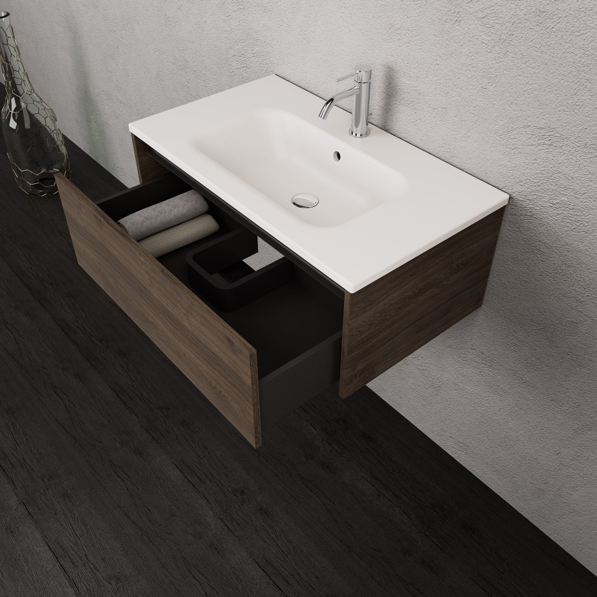 Inda - Mobile bagno L.80 con lavabo opaco / Rovere castano 1 cassetto - Smeraldo