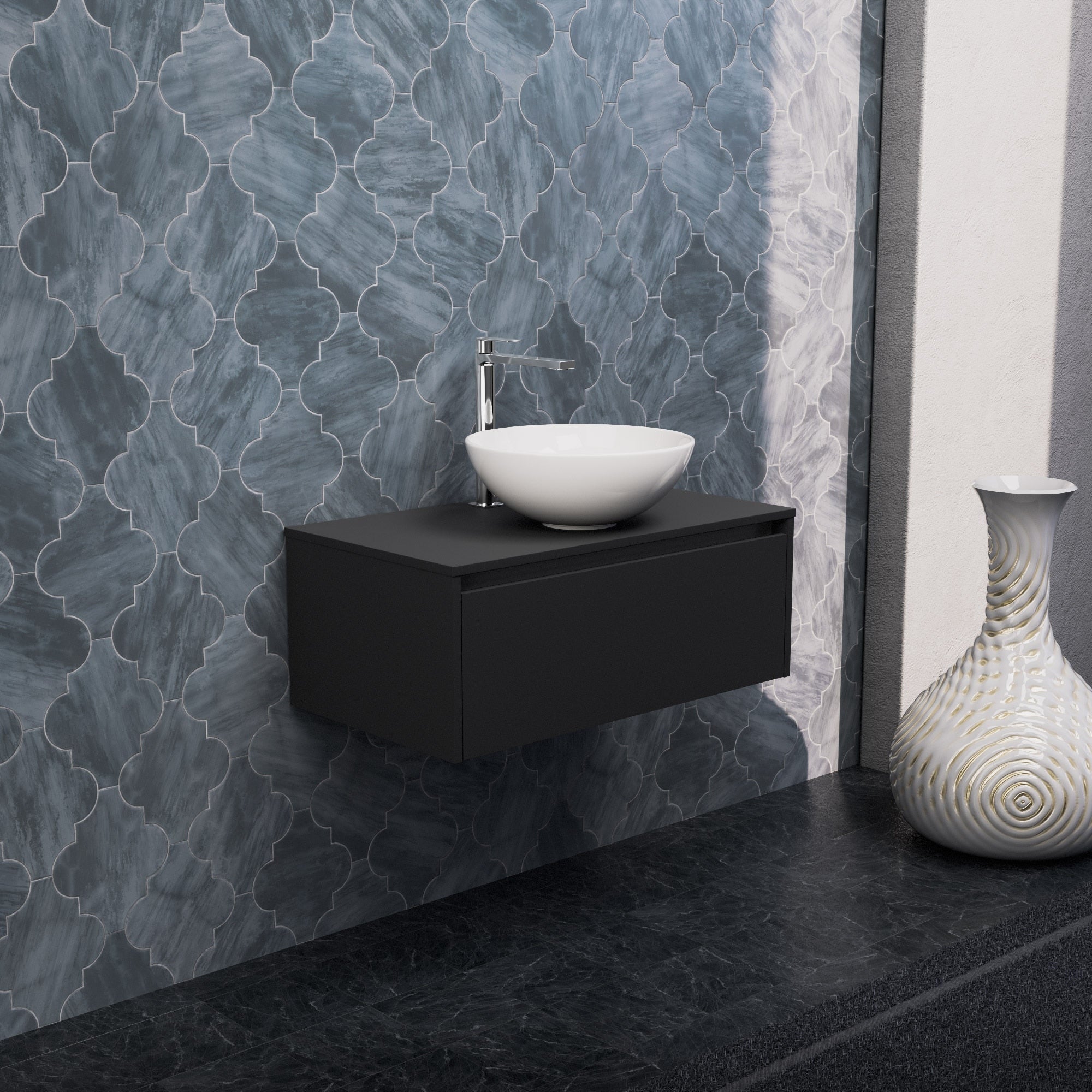 Inda - Mobile bagno L.80 con lavabo in appoggio / Nero opaco 1 cassetto - Smeraldo