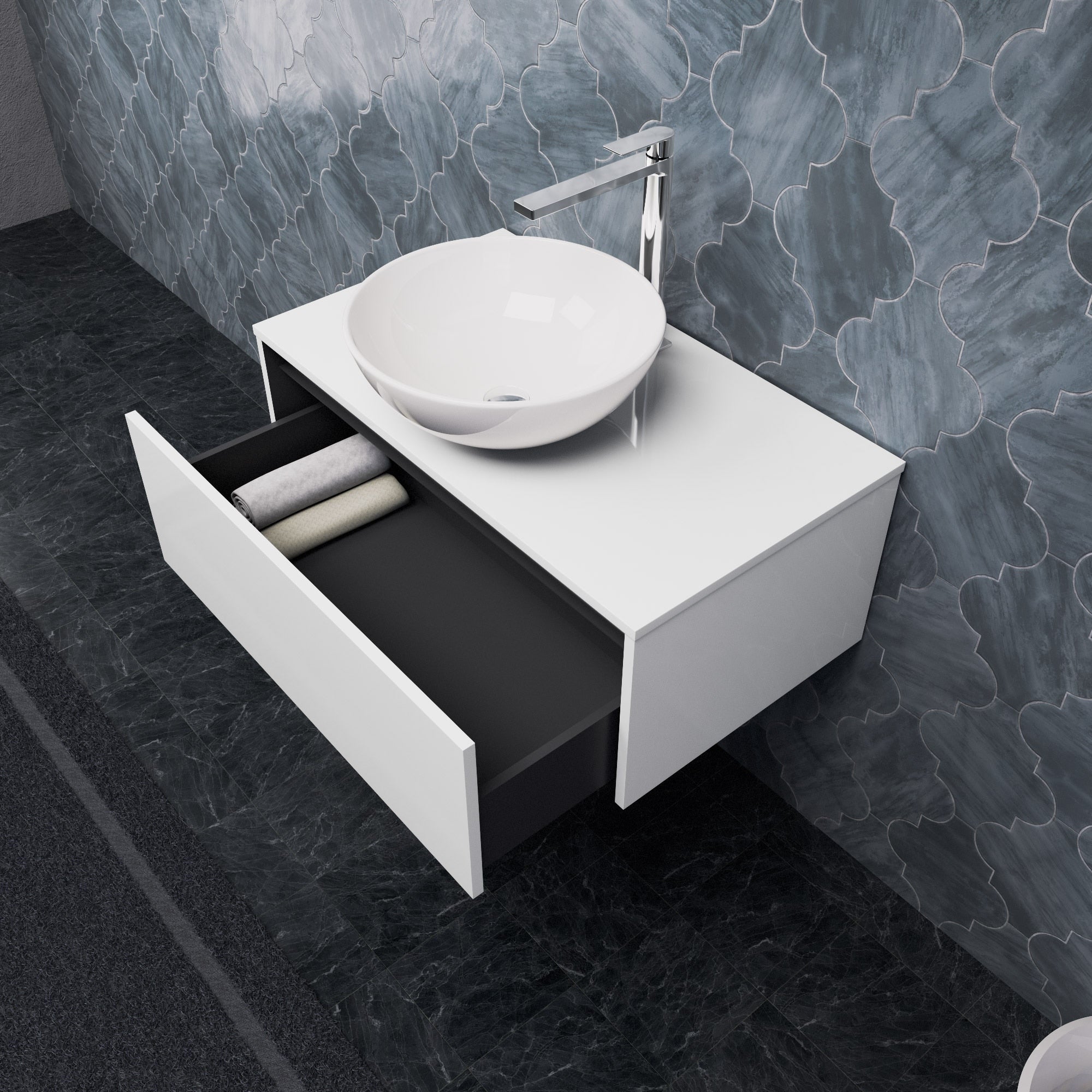 Inda - Mobile bagno L.80 con lavabo in appoggio / Bianco lucido 1 cassetto - Smeraldo