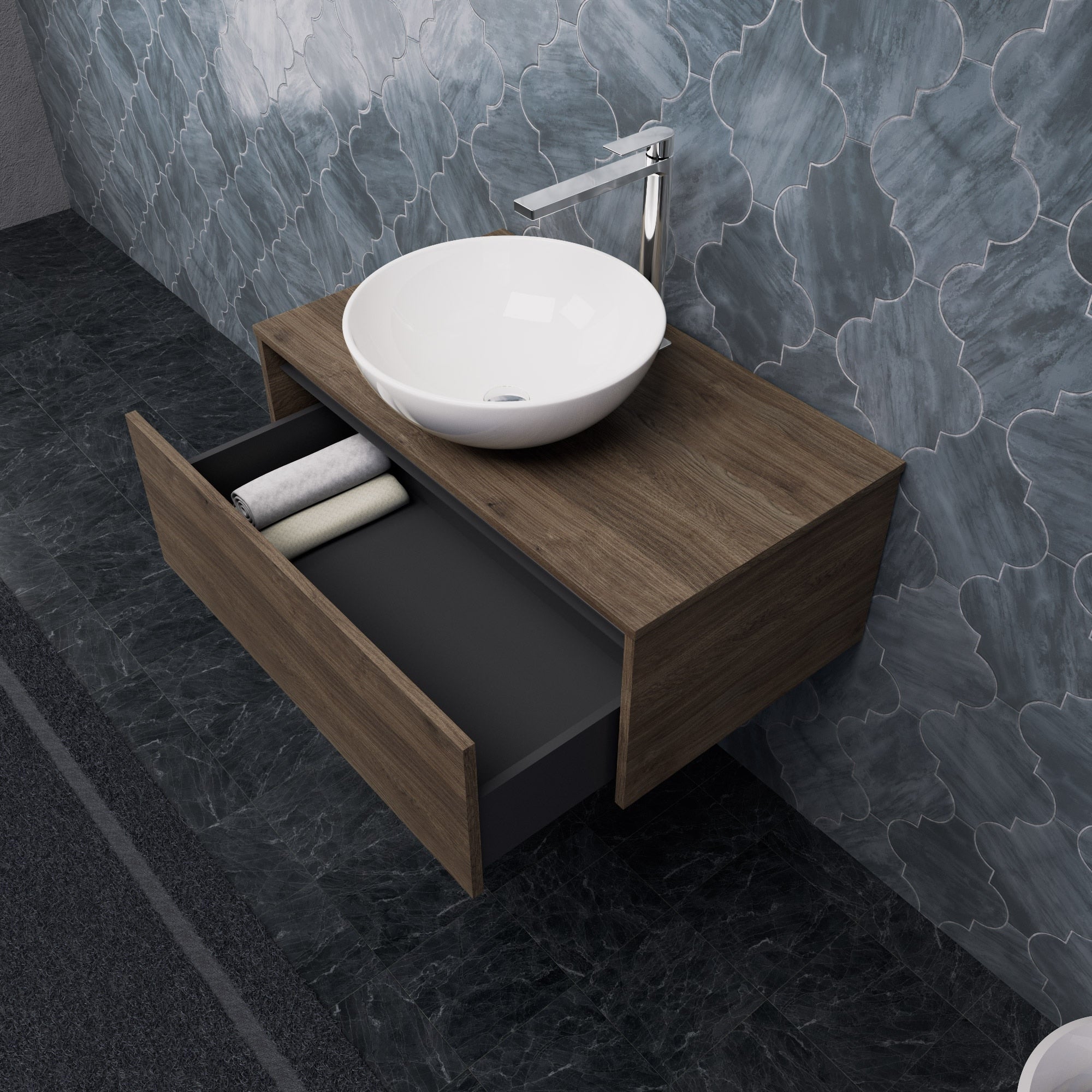 Inda - Mobile bagno L.80 con lavabo in appoggio / Rovere castano 1 cassetto - Smeraldo