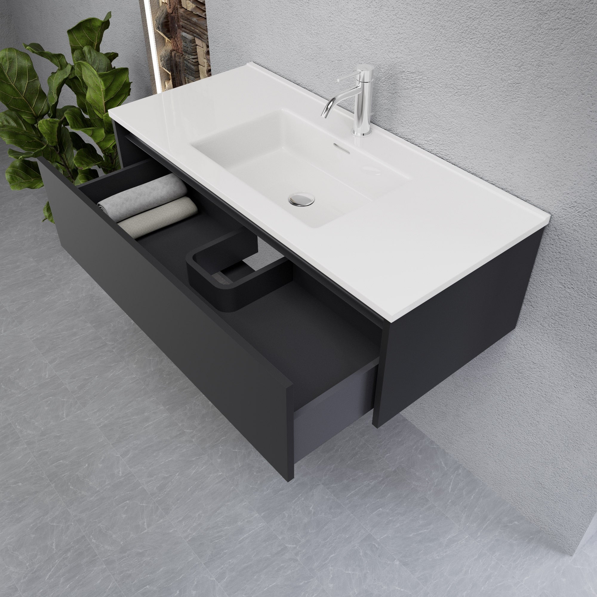 Inda - Mobile bagno L.100 con lavabo lucido / Nero opaco 1 cassetto - Smeraldo