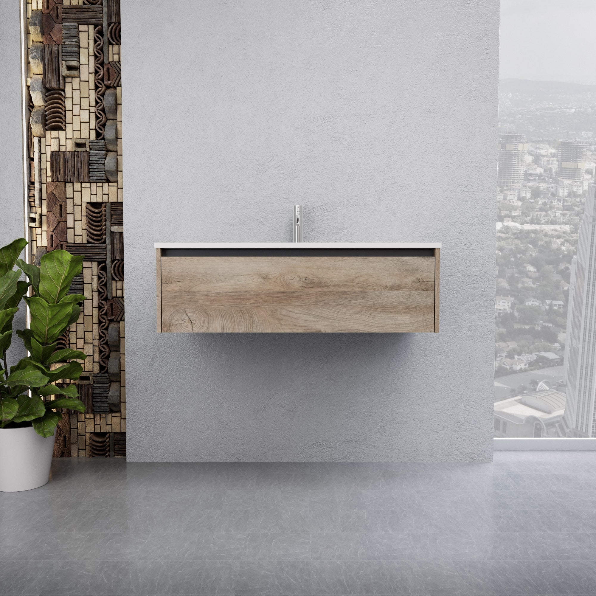 Inda - Mobile bagno L.100 con lavabo lucido / Rovere naturale 1 cassetto - Smeraldo